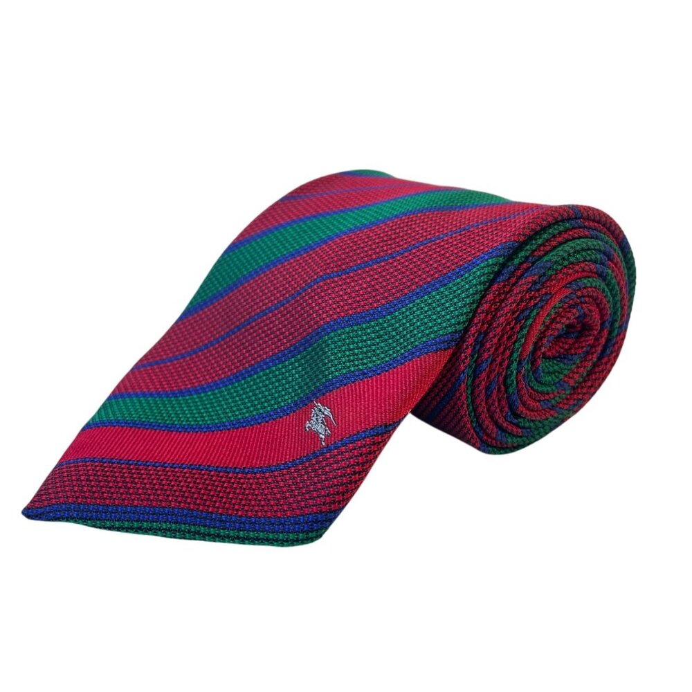 Vintage Red Green Silk Striped Tie Herringbone Logo Accent Classic